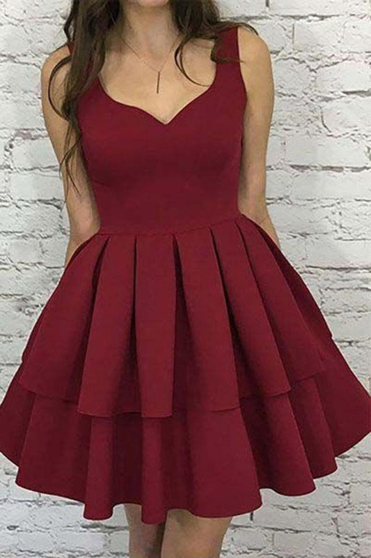 A Line V Neck Burgundy Short Open Back Prom Dress Sleeveless Homecoming Dresses WK755