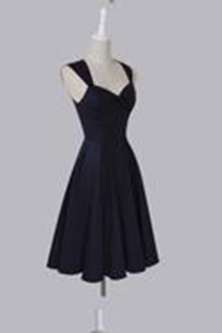 Simple Sweetheart Sleeveless Tea-Length Ruched Dark Navy Taffeta Homecoming Dresses WK459