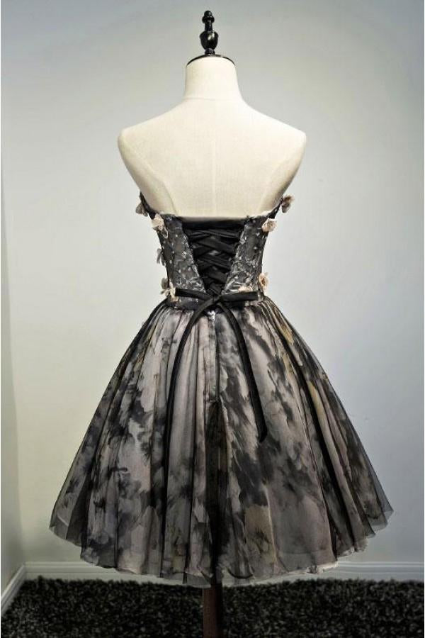 A Line Black Sweetheart Strapless with Flowers Tulle Short School Dress Homecoming Dress WK886