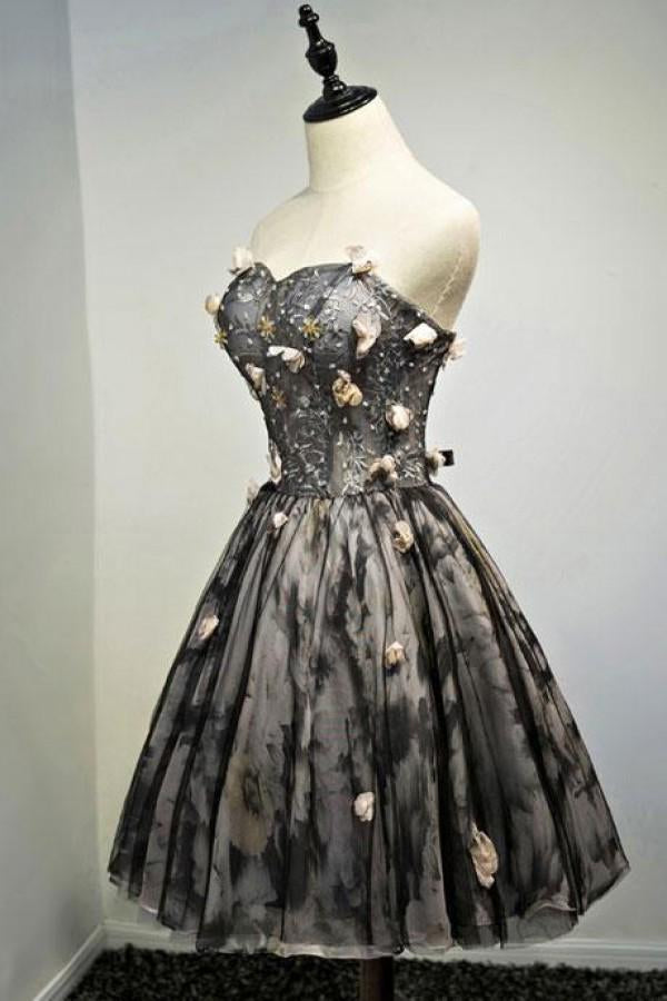 A Line Black Sweetheart Strapless with Flowers Tulle Short School Dress Homecoming Dress WK886