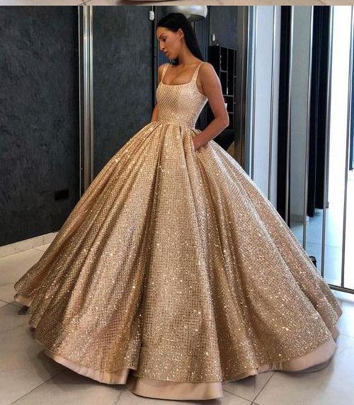 Ball Gown Prom Dress with Pockets Beads Sequins Floor-Length Gold Quinceanera Dresses WK724