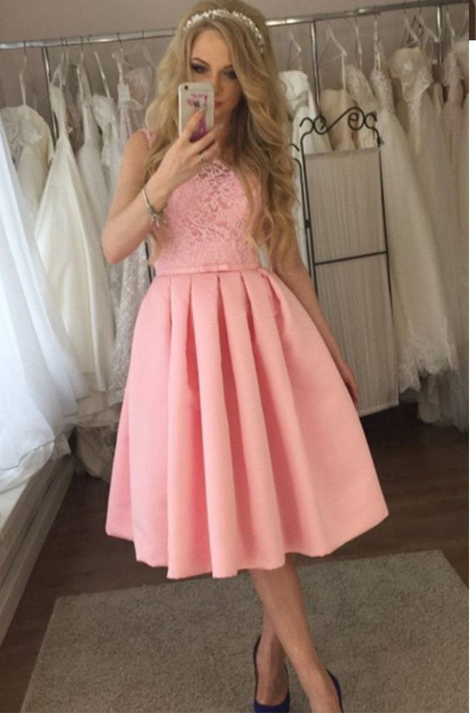 Charming Lace A-line Cute Satin Pink Tea Length Appliques Homecoming Dresses WK861