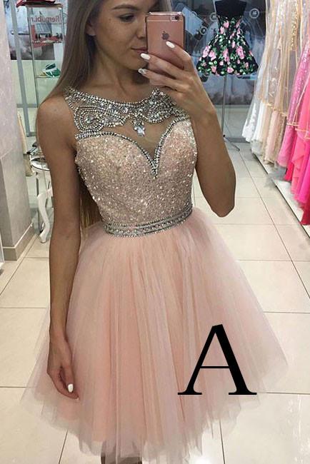 Cute Round Neck Pink Tulle Short Prom/Homecoming Dress with Beading WK95