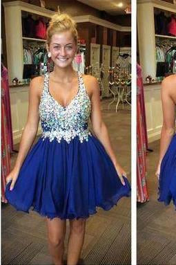 Royal Blue Cute Short Tulle Homecoming Dresses With Beading H27