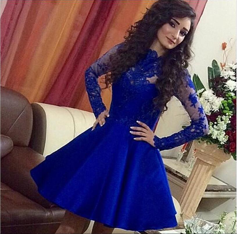 Homecoming Dress Lace Royal Blue Long Sleeves Homecoming Dress Short Prom Dresses WK918