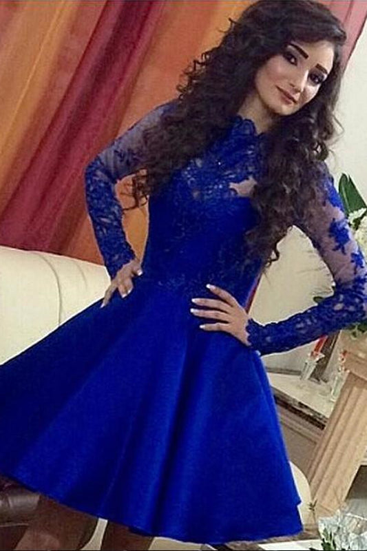 Homecoming Dress Lace Royal Blue Long Sleeves Homecoming Dress Short Prom Dresses WK918