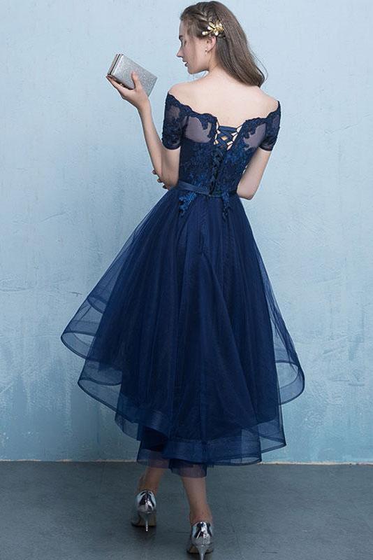 Dark Blue Lace Tulle Short Sleeve High Low Round Neck A-Line Short Prom Dresses WK408