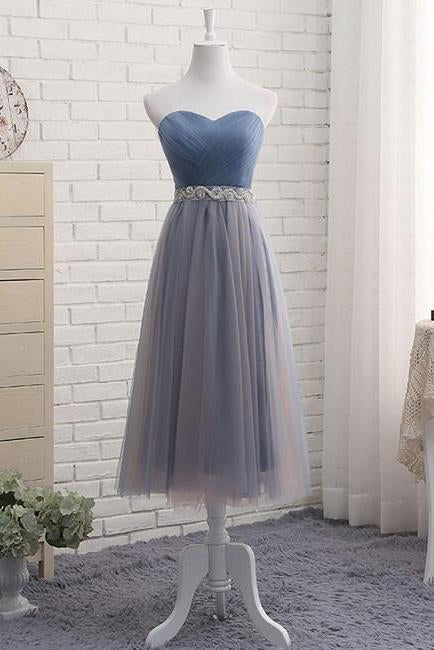 Cute A Line Sweetheart Tulle Blue Strapless Beads Prom Dress Bridesmaid Dresses WK807