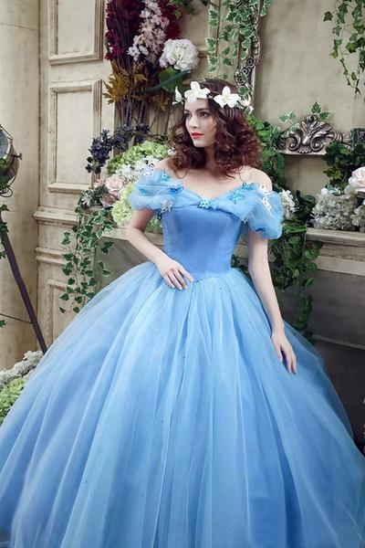 Elegant Ball Gown Off the Shoulder Blue Long Lace up Sweetheart Tulle Prom Dresses WK257