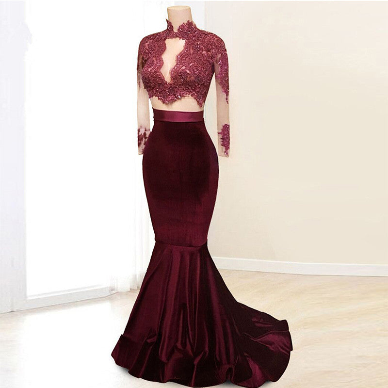 Elegant Long Sleeves Two Piece Mermaid High Neck Floor-Length Prom Dresses WK780