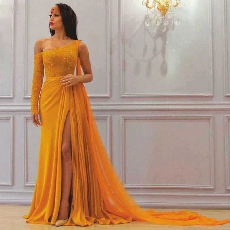 A Line Yellow One Long Sleeve Chiffon Prom Dresses High Slit Formal Dresses WK349