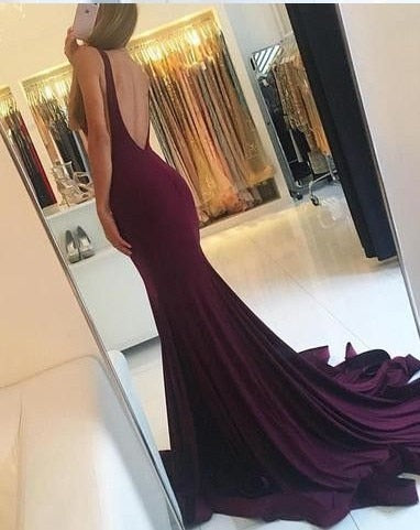 Elegant Mermaid Burgundy Sweep Train Prom Dress with Open Back