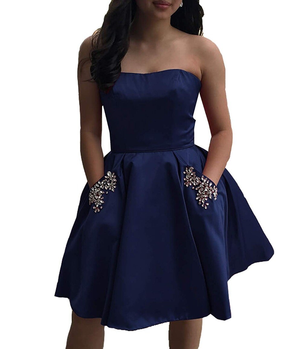 Light Sky Blue Strapless Satin Lace up Knee Length with Pockets Homecoming Dresses WK836