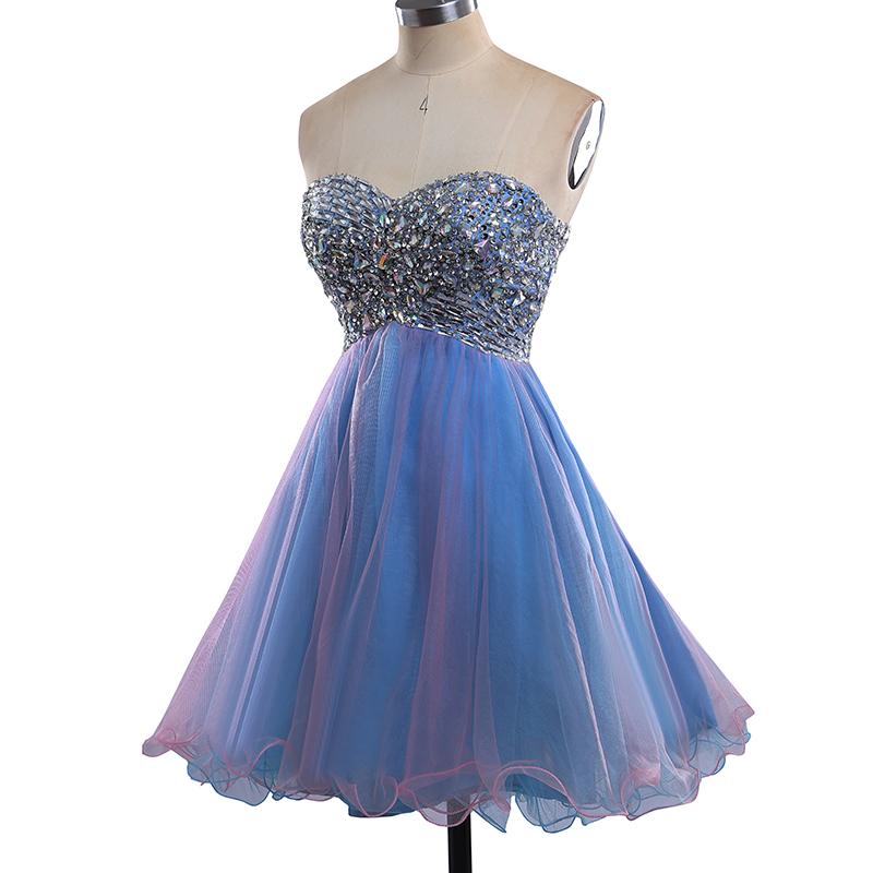 Strapless Cute Tulle Short Sweetheart Beading Blue Rhinestone Homecoming Dresses WK190