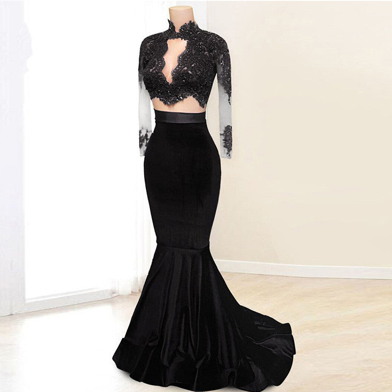 Elegant Long Sleeves Two Piece Mermaid High Neck Floor-Length Prom Dresses WK780