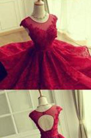 Red Lace Short Modest Appliques Sleeveless Open Back Pretty Homecoming Dresses WK246