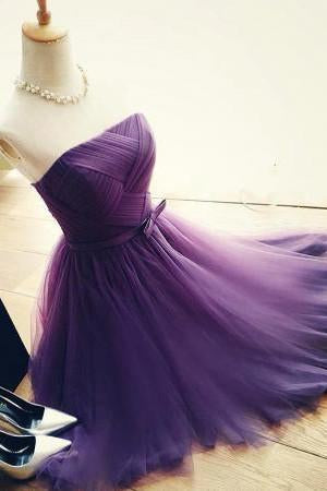 Elegant A-Line Strapless Purple Tulle Short Homecoming Dress with Bowknot WK96