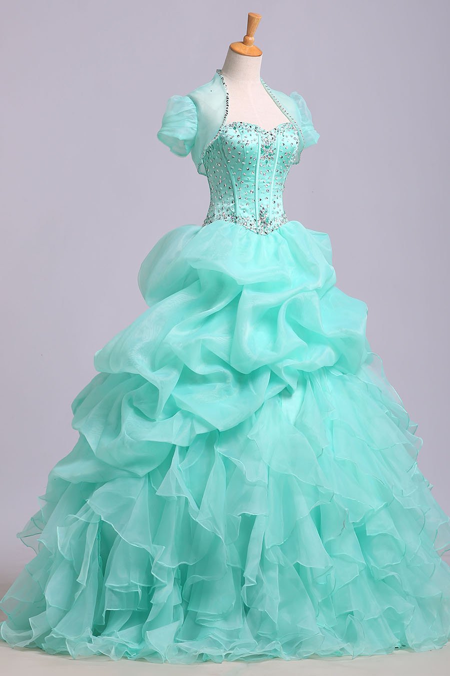 Ball Gown Sweetheart Organza Beads Lace up Ruffles Tiffany Blue Prom Quinceanera Dresses WK178