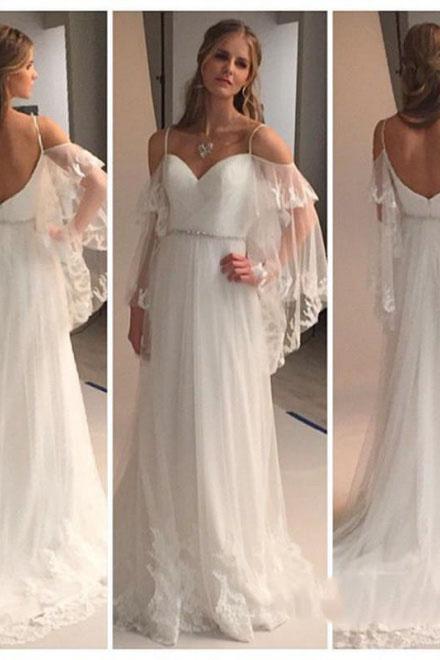 A Line Spaghetti Straps Sweetheart Lace Illusion Sleeves Backless Beach Wedding Dresses WK711