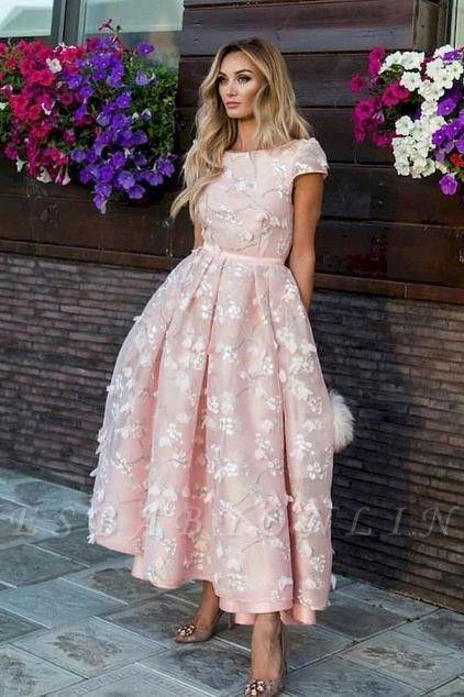 Elegant Scoop A Line Cap Sleeve Pink Homecoming Dresses with Flowers Prom Dresses H1094