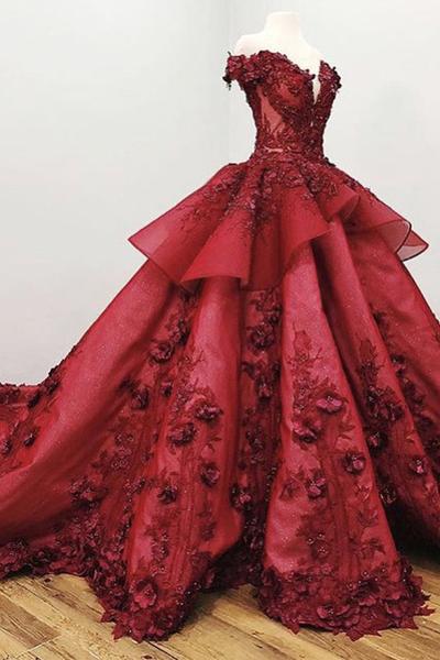 2024 Chic Ball Gown V Neck Beads Appliques Red Off-the-Shoulder Long Prom Dresses WK139