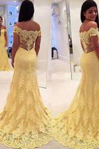 Elegant Sheath Yellow Lace Off Shoulder Long Prom Dresses WK662