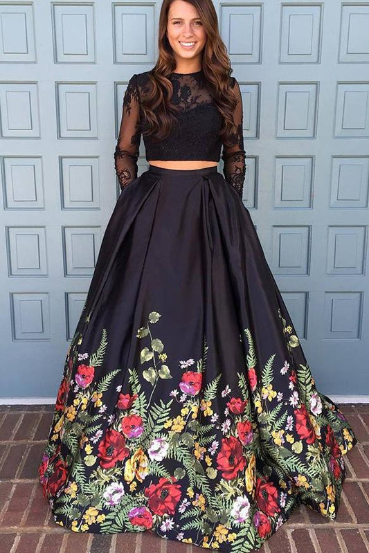 A line Two Piece Black Long Sleeve Prom Dress With Floral Print Skirt Evening Dresses WK672