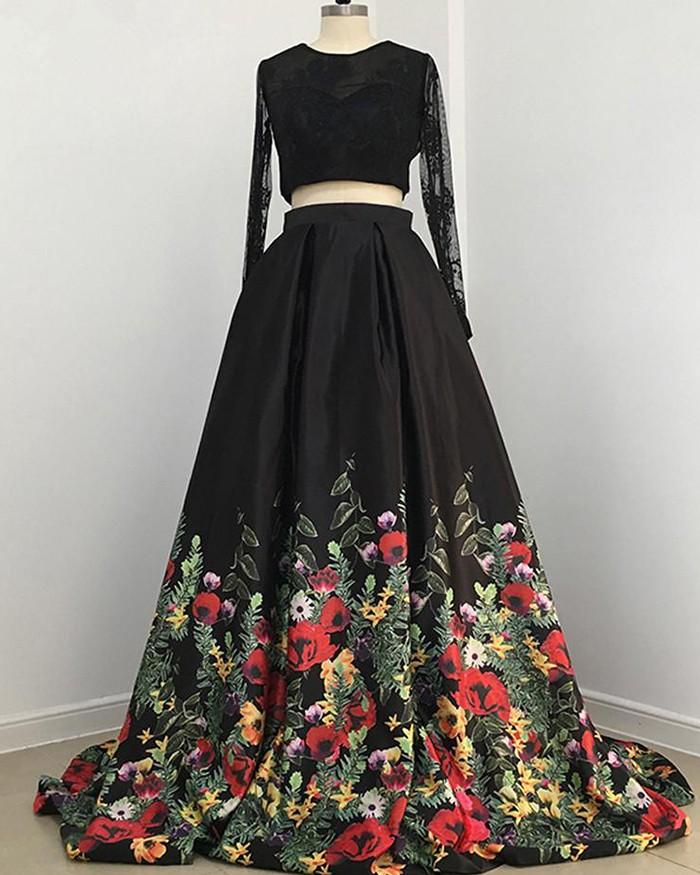 A line Two Piece Black Long Sleeve Prom Dress With Floral Print Skirt Evening Dresses WK672