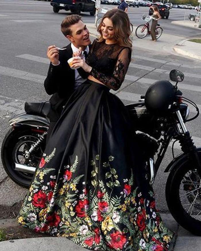 A line Two Piece Black Long Sleeve Prom Dress With Floral Print Skirt Evening Dresses WK672