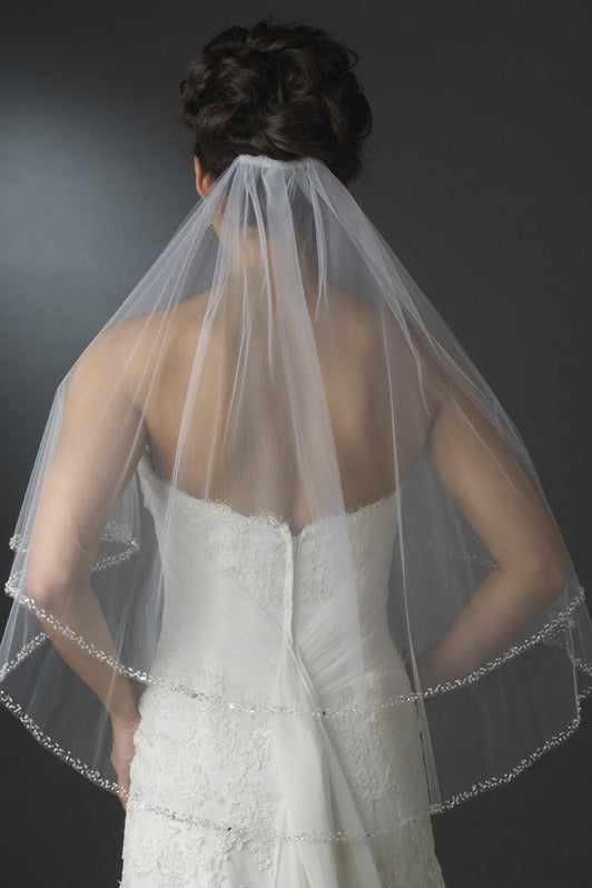 Two Layers Elbow Length Wedding Veil Beaded Edge V052