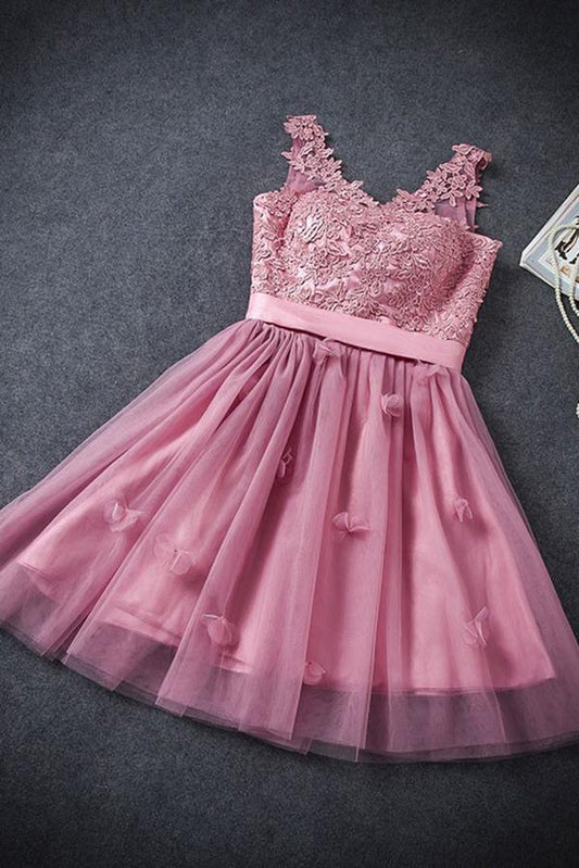 A Line Tulle Lace Appliques Lace up V Neck Pink Short Prom Dresses Homecoming Dresses WK906