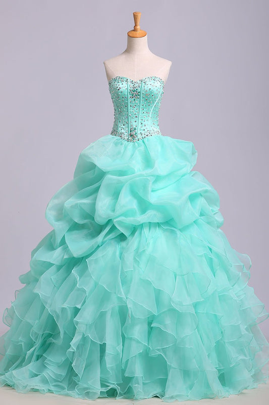 Ball Gown Sweetheart Organza Beads Lace up Ruffles Tiffany Blue Prom Quinceanera Dresses WK178