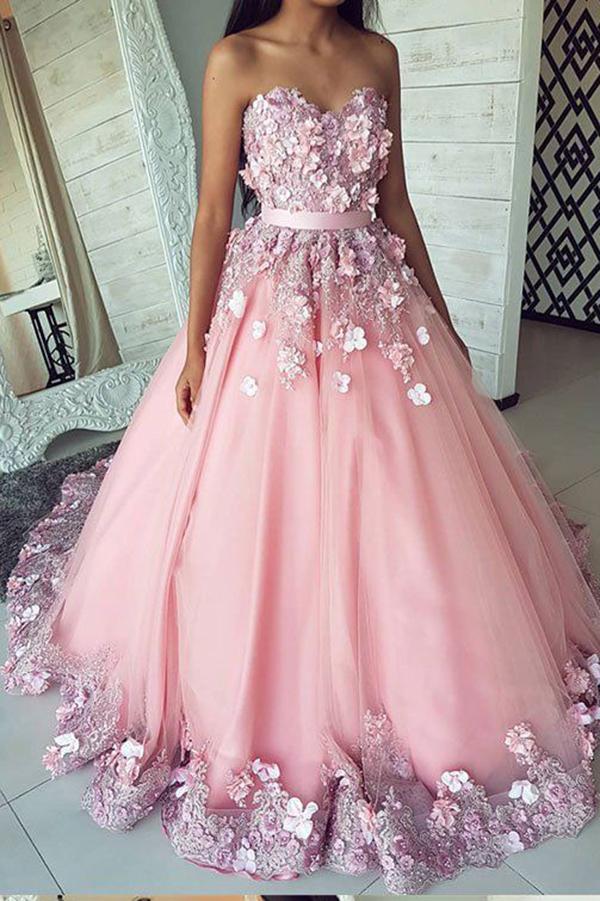 Ball Gown Pink Tulle Lace Applique Long Sweetheart Strapless Prom Dresses Evening Dresses WK255