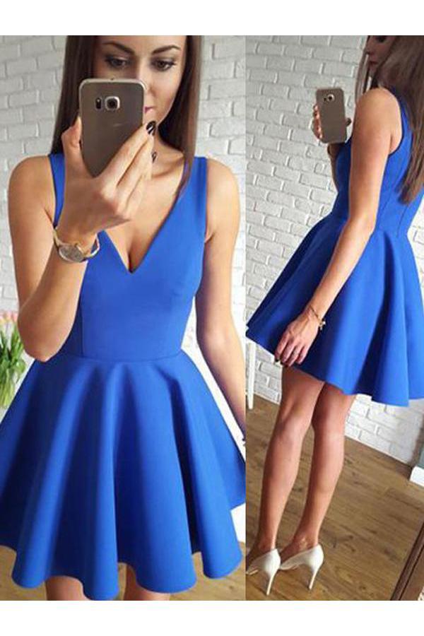 Cute Royal Blue Satin A Line V-Neck Short Homecoming Dress with Ruched Graduation Dress WK567