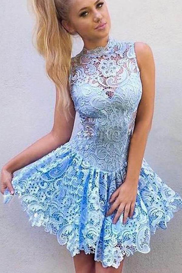 Cute A Line High Neck Blue Lace Appliques Illusion Short Cheap Homecoming Dresses WK892