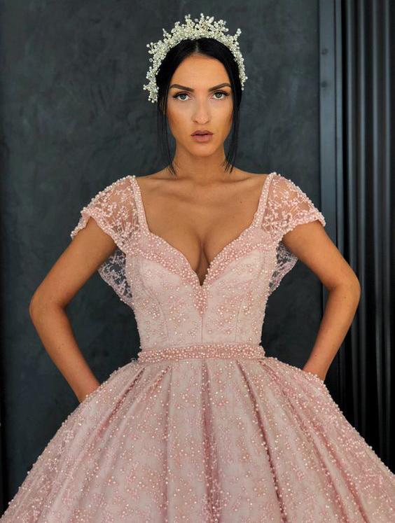 Chic Ball Gown Straps Pink Cap Sleeve Sparkly V Neck Beads Quinceanera Dress with Pockets WK228