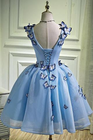 A Line Sky Blue V Neck Lace up Junior Cute Homecoming Dress with Butterfly Flowers WK781