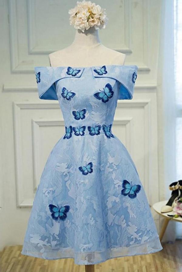 Cute A Line Sky Blue Lace Butterfly Appliques Off the Shoulder Homecoming Dresses WK977