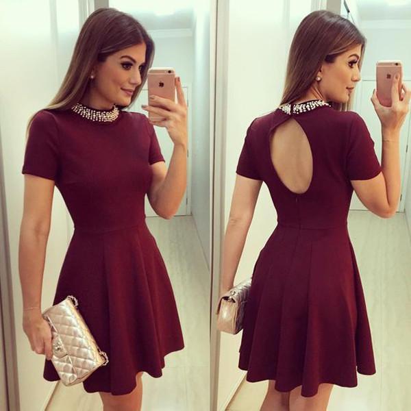 Cute Burgundy High Neck Short Sleeve Keyhole Back Beading Cheap Homecoming Dresses WK940