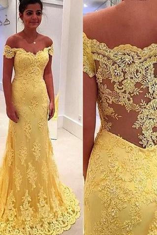 Elegant Sheath Yellow Lace Off Shoulder Long Prom Dresses WK662