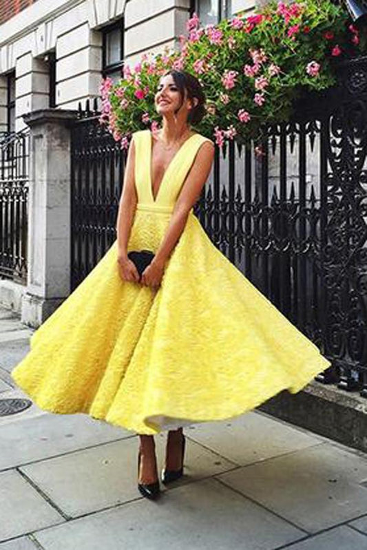 A-Line Deep V-Neck Cute Yellow Tea Length Sleeveless Open Back Lace Prom Dresses WK475