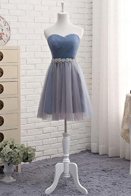 Cute A Line Sweetheart Tulle Blue Strapless Beads Prom Dress Bridesmaid Dresses WK807