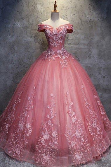 Ball Gown Off-the-Shoulder Watermelon Tulle Sweetheart Cheap Wedding Dresses with Appliques WK271