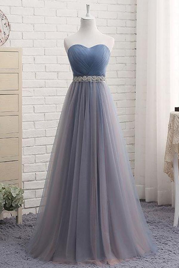 Cute A Line Sweetheart Tulle Blue Strapless Beads Prom Dress Bridesmaid Dresses WK807