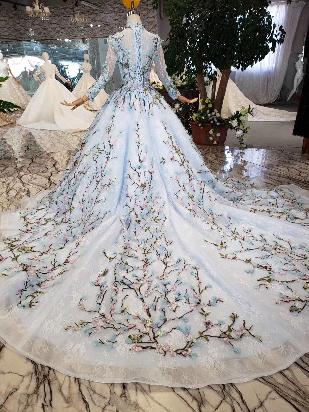 Stunning Light Blue Long Sleeve Wedding Dresses High Neck Quinceanera Dresses WK772