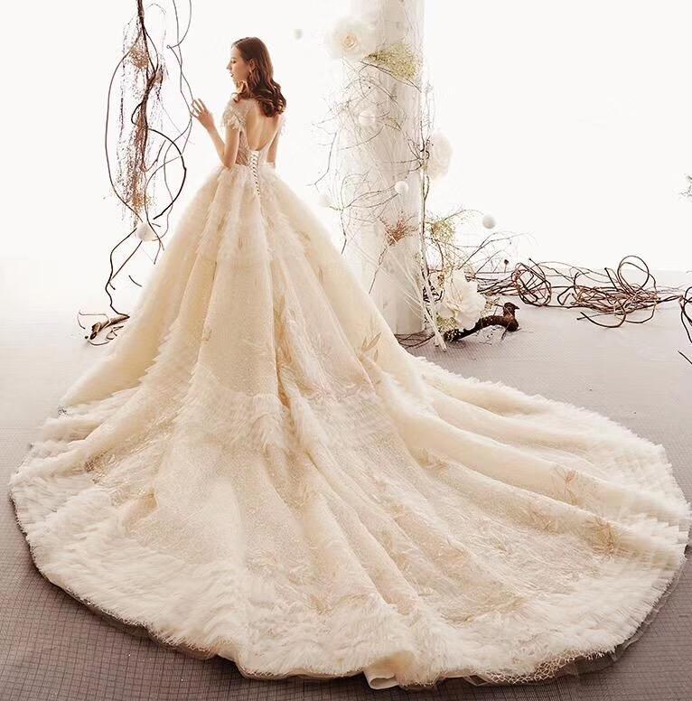 Elegant High Neck Ball Gown Wedding Dresses Short Sleeve Quinceanera Dresses WK773