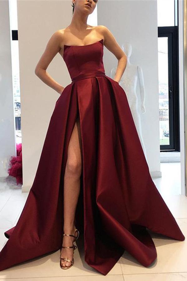 Burgundy Strapless Bodice Corset Long Sleeveless Evening Gowns With Leg Split Prom Dress WK723