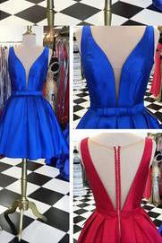 A-line Knee-Length V-neck Satin Red/Blue Ribbon Homecoming Dress WK457