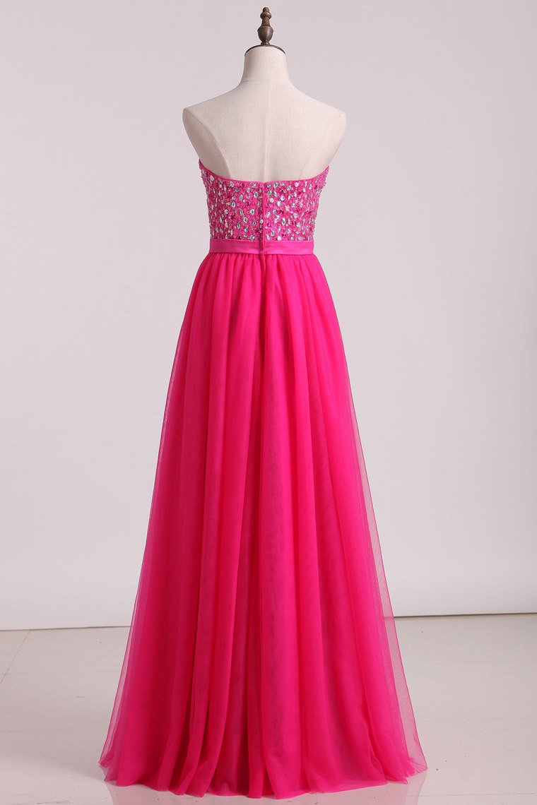 Sweetheart A-Line Tulle Prom Gown Beaded Bodice With Ribbon Floor-Length