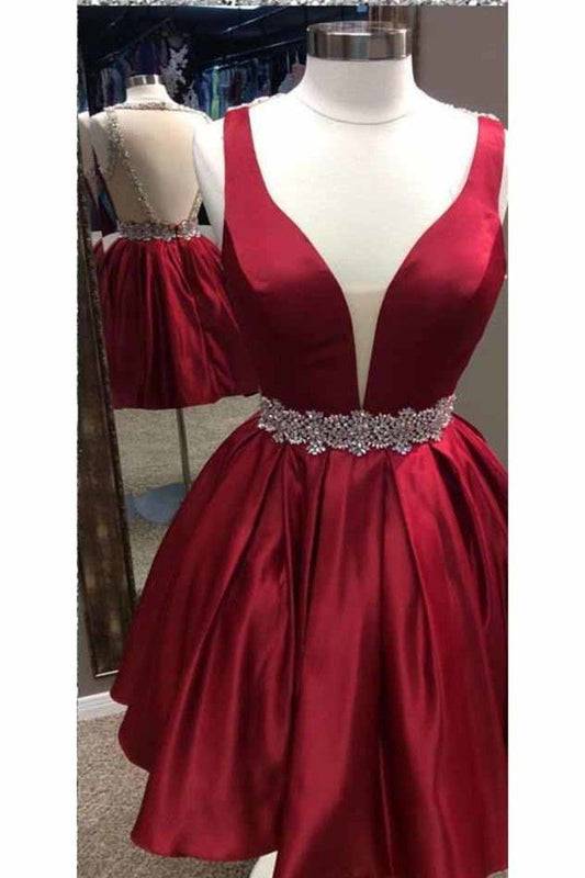 Sexy Open Back V Neck Satin With Beading A Line Cocktail Dresses